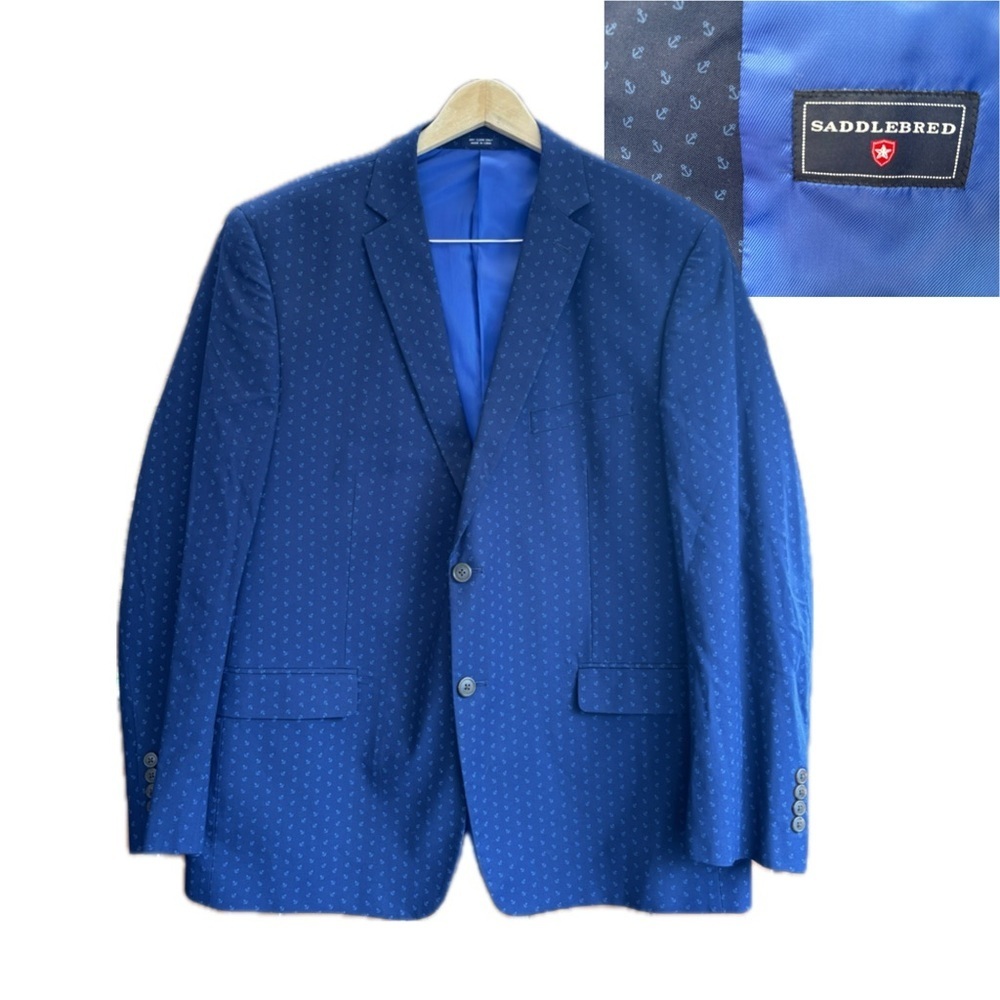 Saddlebred Navy blue Nautical Anchor Print Sports Coat Coastal Preppy Men’s 46R